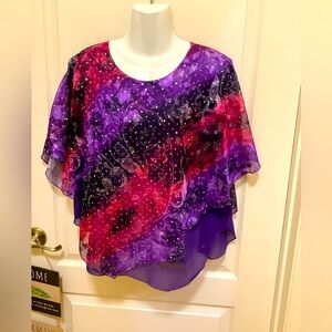 Colorful top with bling sheer sections flowing look purple pink black si…